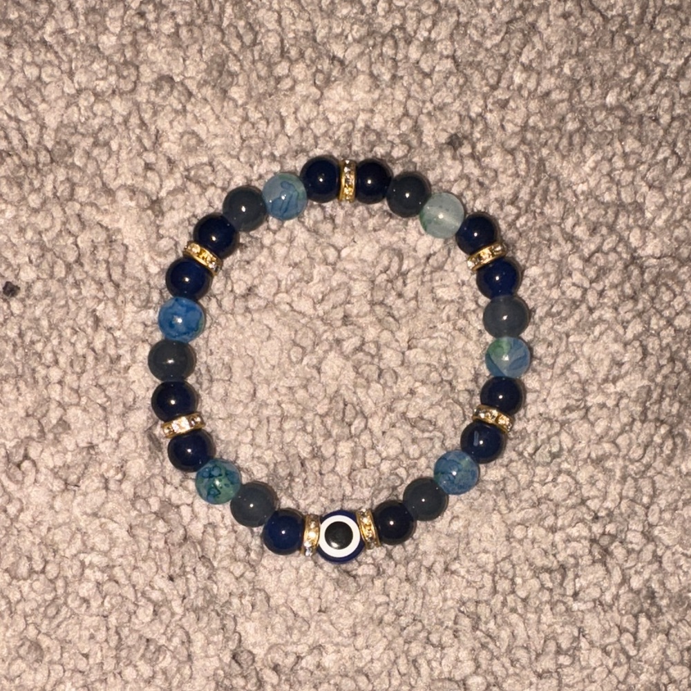 Handmade Evil Eye Blue and Gold Beaded Bracelet